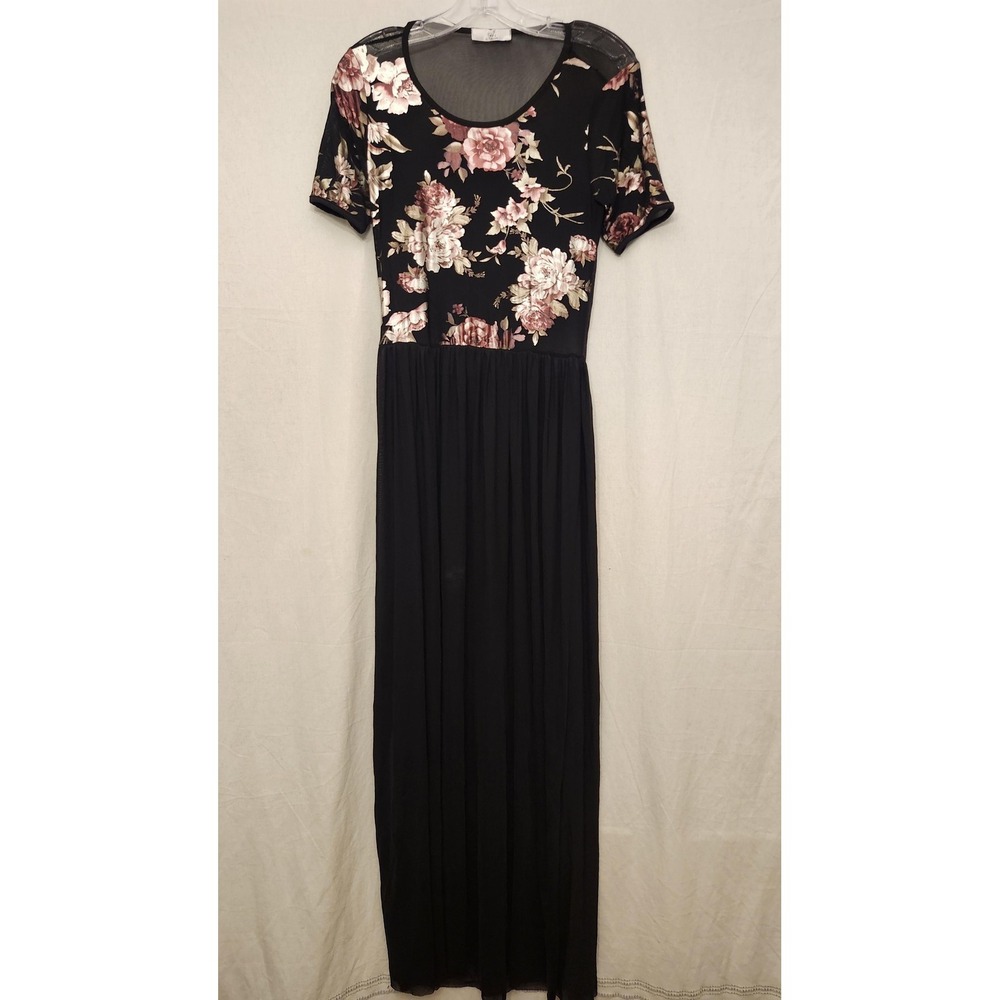 Vtg A3 Design Sheer‎ Dress Wmns S Black Floral Mesh Maxi Short Sleeve Made USA